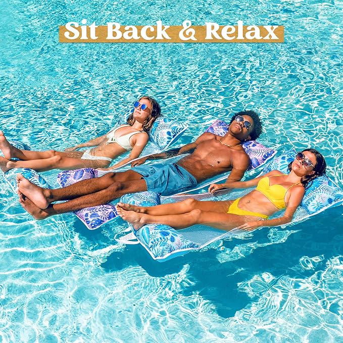 Sloosh 3 Pack Inflatable Pool Float Hammock, Water Lounges, Multi-Purpose Swimming Pool Accessories (Saddle, Lounge Chair, Hammock, Drifter), Lake, Outdoor, Beach