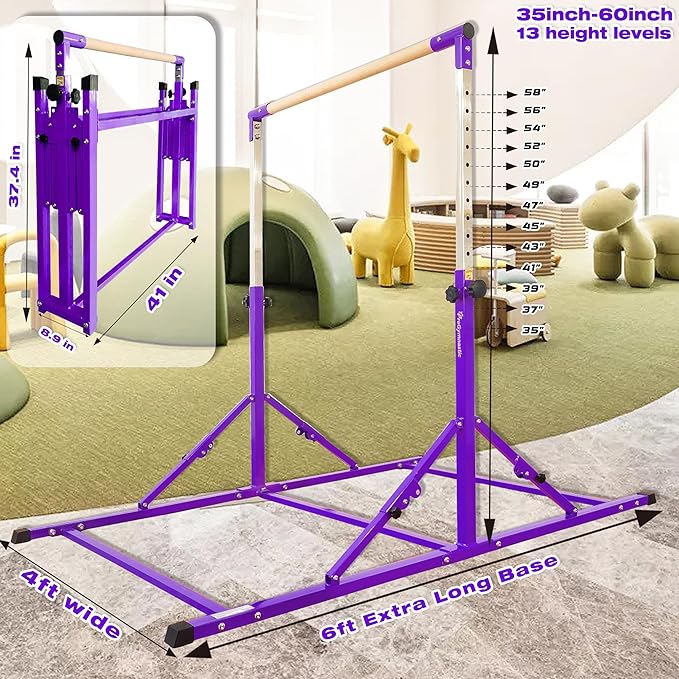 PreGymnastic Foldable Gymnastics Bar, 6FT Horizontal Bars, Folding Training Bar for Kids Ages 3-18, Weight Limit 500 LB, Adjustable kip Bar,Home Gym Equipment Indoor