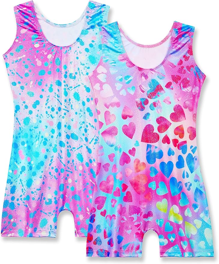 Nymphperi 2 Packs Gymnastics Leotard for Girls Sparkle Biketards with Shorts Kids Sleeveless Unitard One-Piece Dancewear