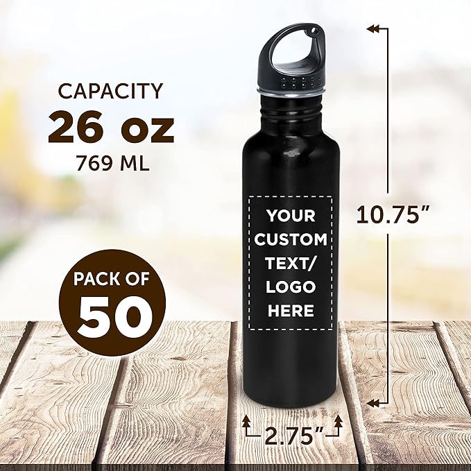 DISCOUNT PROMOS Custom Stainless Steel Water Bottles 26 oz. Set of 50, Personalized Bulk Pack - Reusable, Leak Proof, Perfect for Gym, Hiking, Camping, Outdoor Sports - Black