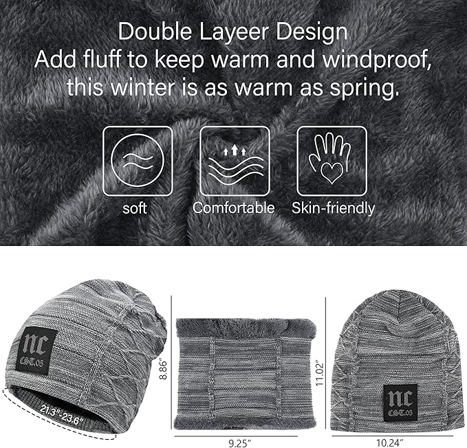 FZ FANTASTIC ZONE Mens Womens Winter Beanie Hat Scarf Set Warm Knit Thick Fleece Lined Skull Cap Neck Warmer for Men Women