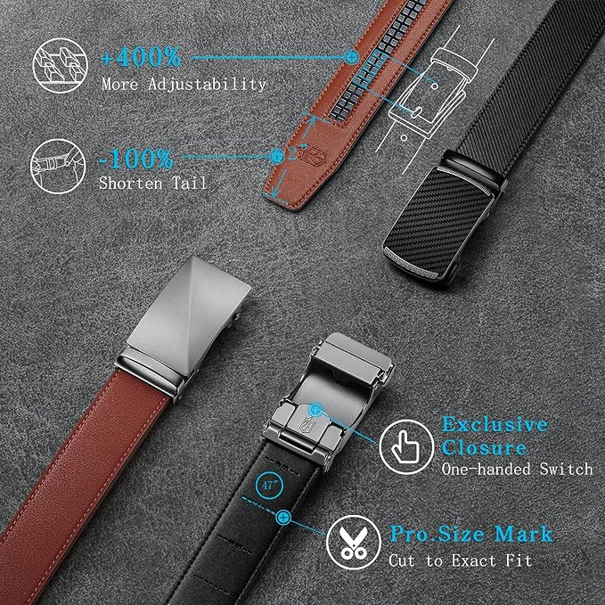 Zitahli Belt Men, Ratchet Belt Dress with 1 3/8" Premium Leather,Slide Belt with Easier Adjustable Automatic Buckle