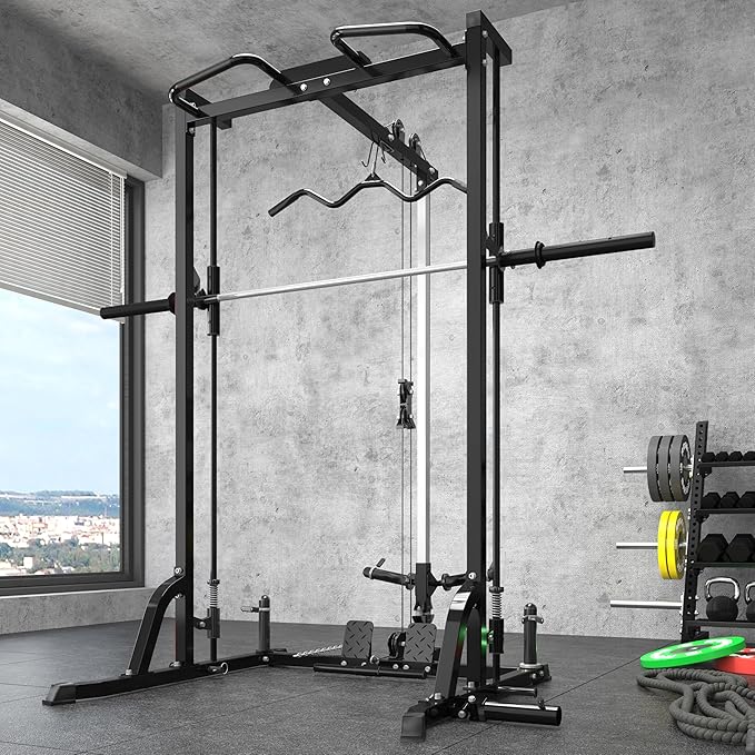 Smith Machine Power Cage Squat Rack with LAT-Pull Down System, 1000LBS Capacity, Landmine, Barbell Bar, Plate Storage Pegs and More Training Attachment for Garage Workout & Home Gym