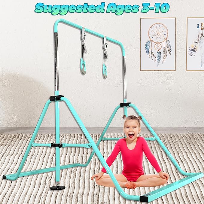 PreGymnastic Folding Gymnastics Bar with Rings, Foldable Kip Bar with Sturdier Base, Training Bar for Kids Ages 3-10, Horizontal Bar, Home Gym Equipment for Boy Girl