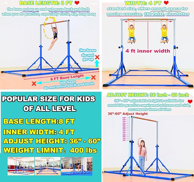Marfula Gymnastic Bar For Kid and Teenage of 3-25, 5Ft/8 FT Base Length 4Ft Width 5Ft Adjust Height, Gymnastic Kip Bar For Gymnast, Gymnastic Training Equipment For Professional Training Home Club Use