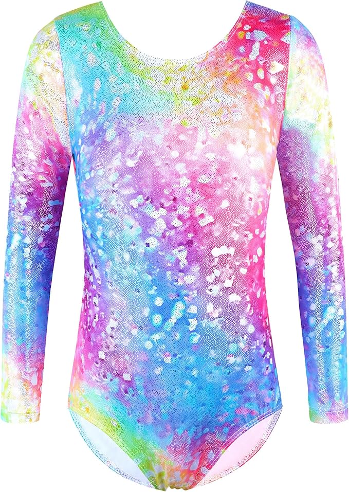 BAOHULU Leotards for Girls Gymnastics Long Sleeve Embroidery Shiny Black Diamond Dance Clothes
