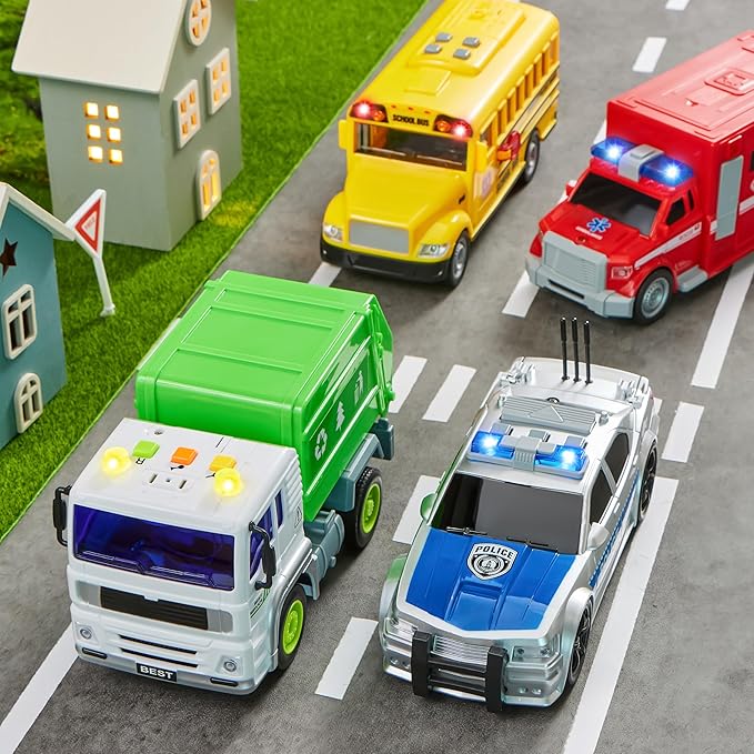 JOYIN 4 Pcs 7" Long Vehicle Toy Set, Toddlers Cars with Lights and Siren Sound, Including Play Police Car, School Bus, Garbage Truck, Ambulance, Birthday Christmas Party Gifts Toys for Boys 3-5