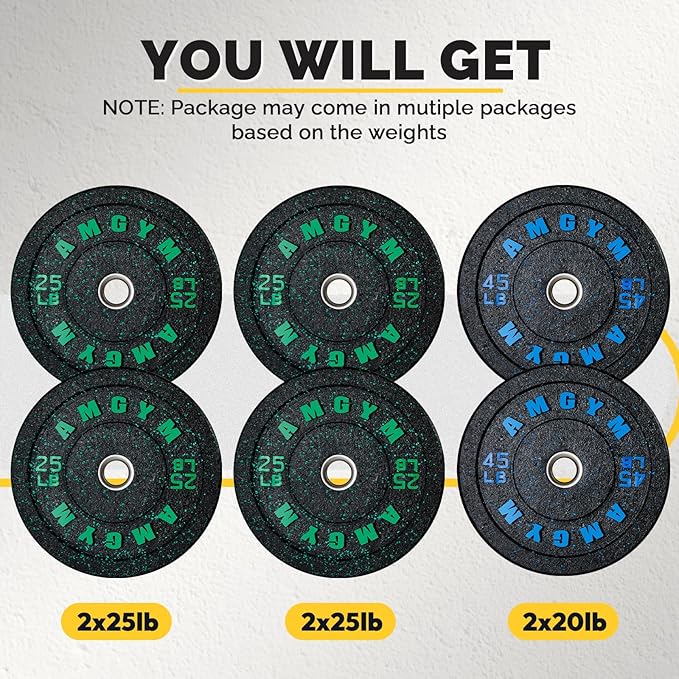 2 Inch Bumper Plates，10-500lbs，Barbell Rubber Olympic Weight Plates Set for Home Gym, Strength Training & Weight Lifting, Multiple Options Colors
