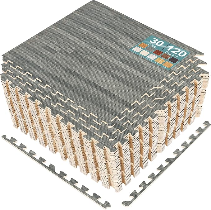 Sorbus 120 Sq. Ft. Wood Grain Floor Tiles Foam Mat EVA Interlocking Mats Tile 3/8-Inch Thick Flooring Wood Puzzle Exercise Mats w/Borders - Home Playroom Basement, Apartment, Trade Show, Baby, Dance