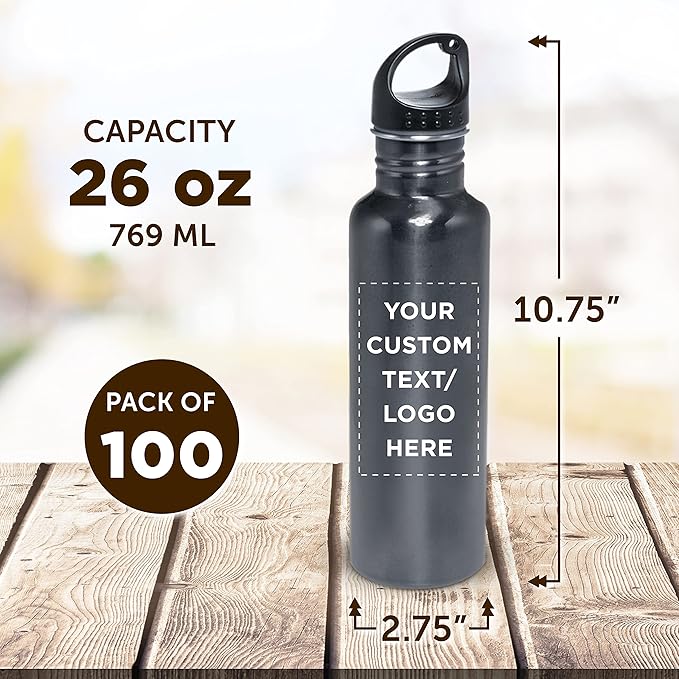 DISCOUNT PROMOS Custom Stainless Steel Water Bottles 26 oz. Set of 100, Personalized Bulk Pack - Reusable, Leak Proof, Perfect for Gym, Hiking, Camping, Outdoor Sports - Grey