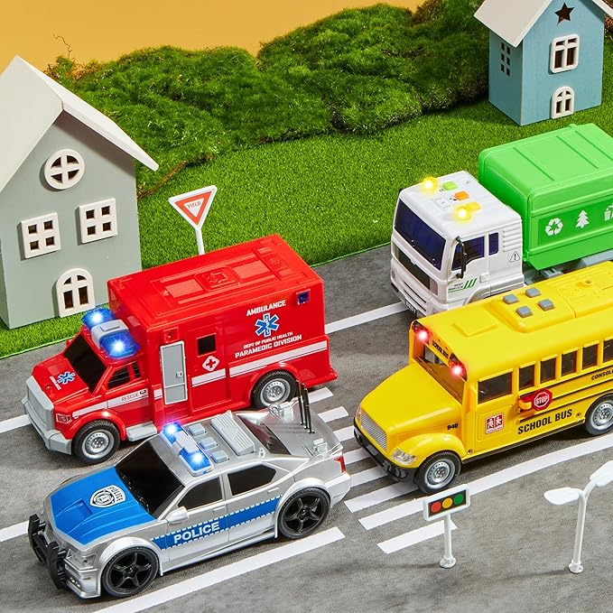 JOYIN 4 Pcs 7" Long Vehicle Toy Set, Toddlers Cars with Lights and Siren Sound, Including Play Police Car, School Bus, Garbage Truck, Ambulance, Birthday Christmas Party Gifts Toys for Boys 3-5