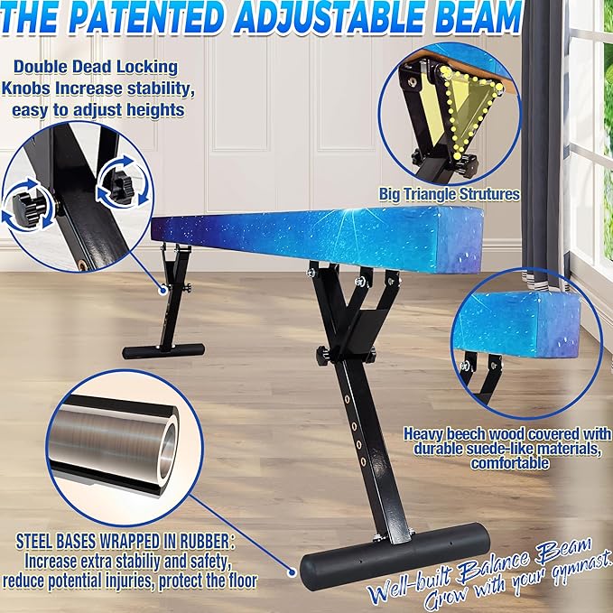 PreGymnastic 8FT Balance Beam, Raised Gymnastics Beam for Kids Ages 3-12, Home Gym Equipment for Training, Adjustable Balancing Beam Indoor, Off-Ground Competition Style