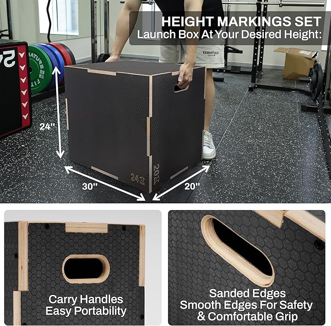 Fitvids 3 in 1 Non-Slip Wooden Plyo Box Plyometric Box Jumping Exercise, 20x24x30 Inches, Gray