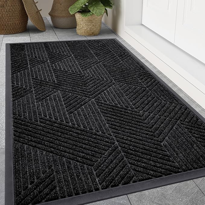 Smiry Front Door Mat Outside Entrance, Heavy Duty Sturdy Natural Rubber Doormat, Trap Dirt and Moisture, Easy Clean Low Profile Mats for Indoor Outdoor Entry, Irregular Triangle (71x24, Black)