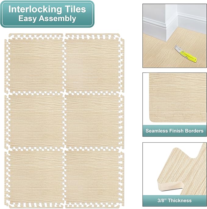 Sorbus 120 Sq. Ft. Wood Grain Floor Tiles Foam Mat EVA Interlocking Mats Tile 3/8-Inch Thick Flooring Wood Puzzle Exercise Mats w/Borders - Home Playroom Basement, Apartment, Trade Show, Baby, Dance