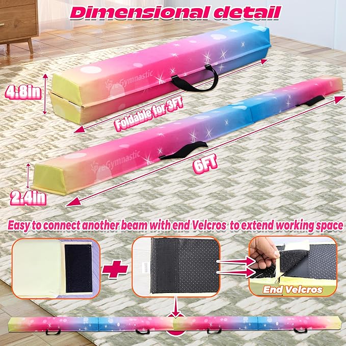 PreGymnastic 6FT/8FT/9.5FT Folding Balance Beam for Kids Ages 3-12, Foldable Gymnastics Floor Beam-Extra Firm Suede Cover with Carrying Bag for Home-Gym Equipment for Toddler Teenager