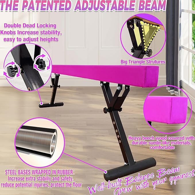PreGymnastic 8FT Balance Beam, Raised Gymnastics Beam for Kids Ages 3-12, Home Gym Equipment for Training, Adjustable Balancing Beam Indoor, Off-Ground Competition Style
