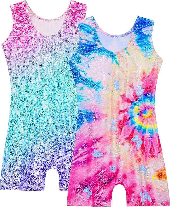 Nymphperi 2 Packs Gymnastics Leotard for Girls Sparkle Biketards with Shorts Kids Sleeveless Unitard One-Piece Dancewear
