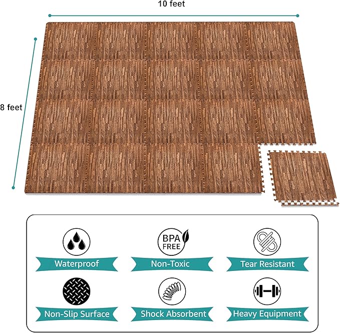 Sorbus 80 Sq. Ft. Wood Grain Floor Tiles Foam Mat EVA Interlocking Mats Tile 3/8-Inch Thick Flooring Wood Puzzle Exercise Mats w/Borders - Home Playroom Basement, Apartment, Trade Show, Baby, Dance