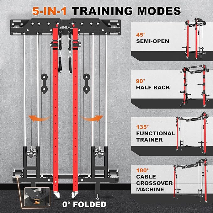 Folding Power Rack, Wall Mounted Squat Rack with Cable Pulley System, Multi-Grip Pull-Up Bar, Landmine for Home Gym, Compact Power for Small Spaces, FR67