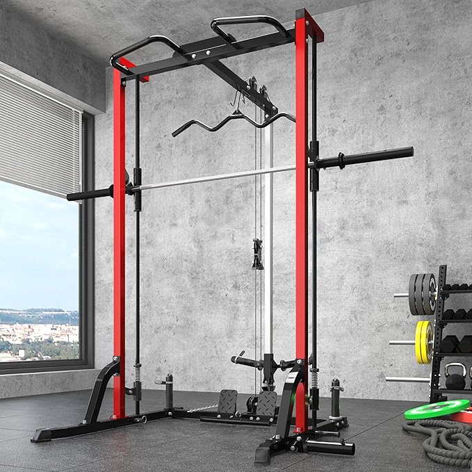 Smith Machine Power Cage Squat Rack with LAT-Pull Down System, 1000LBS Capacity, Landmine, Barbell Bar, Plate Storage Pegs and More Training Attachment for Garage Workout & Home Gym