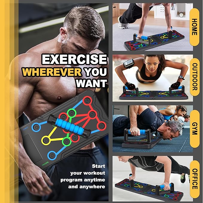 Foldable push-up rack for portable strength training, sturdy and stable equipment for men's and women's home gym workouts.