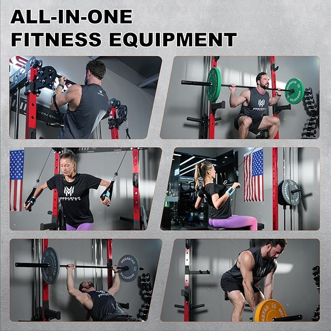 Folding Power Rack, Wall Mounted Squat Rack with Cable Pulley System, Multi-Grip Pull-Up Bar, Landmine for Home Gym, Compact Power for Small Spaces, FR67