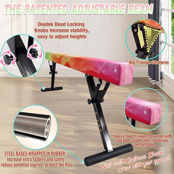 PreGymnastic 8FT Balance Beam, Raised Gymnastics Beam for Kids Ages 3-12, Home Gym Equipment for Training, Adjustable Balancing Beam Indoor, Off-Ground Competition Style