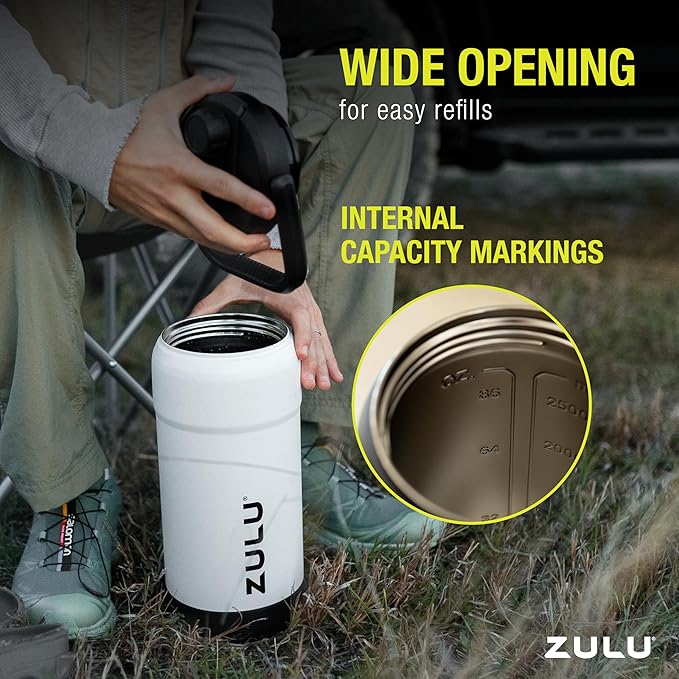ZULU Goals Vacuum Insulated Large Capacity Stainless Steel Water Bottle | Reusable Jug Thermoses with Carry Handle | Leak-Proof Lid | Perfect for Travel, Workout, Gym, Hiking, Camping | 64oz, 101oz