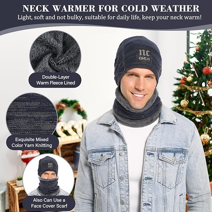 FZ FANTASTIC ZONE Mens Womens Winter Beanie Hat Scarf Set Warm Knit Thick Fleece Lined Skull Cap Neck Warmer for Men Women