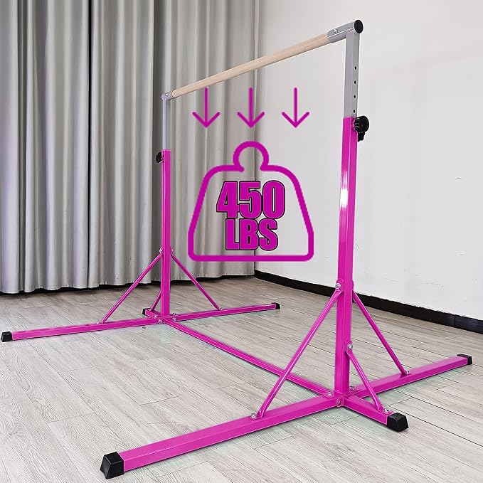 Gymnastics Bar, 5'10” Base length 45" to 71" Adjustable Horizontal Bar for Serious Training, 500 LBS Capacity, Professional Home Gym Equipment with Competition-Grade Beech-covered Fiberglass Bar