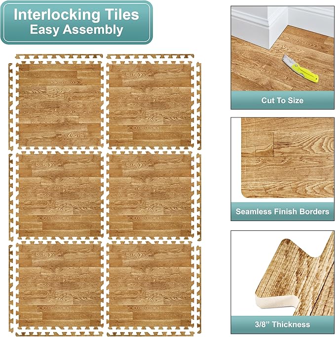 Sorbus 80 Sq. Ft. Wood Grain Floor Tiles Foam Mat EVA Interlocking Mats Tile 3/8-Inch Thick Flooring Wood Puzzle Exercise Mats w/Borders - Home Playroom Basement, Apartment, Trade Show, Baby, Dance