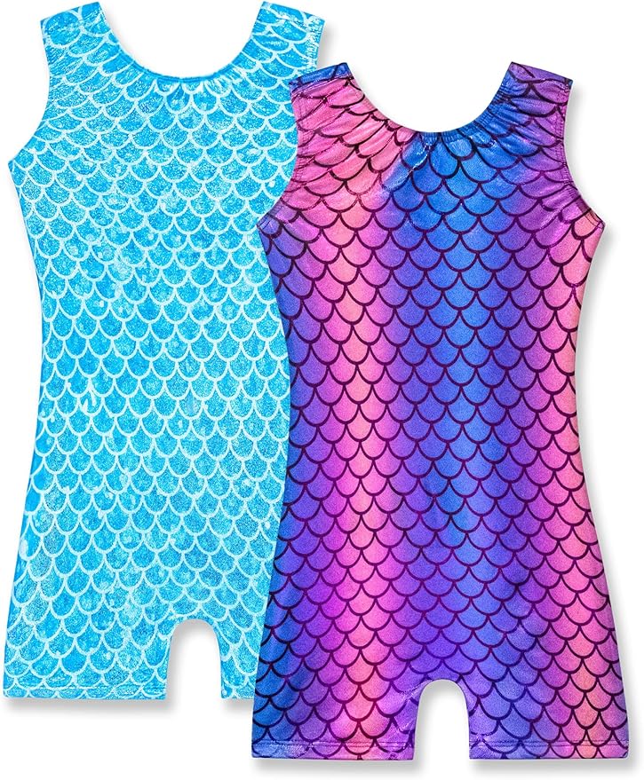 Nymphperi 2 Packs Gymnastics Leotard for Girls Sparkle Biketards with Shorts Kids Sleeveless Unitard One-Piece Dancewear