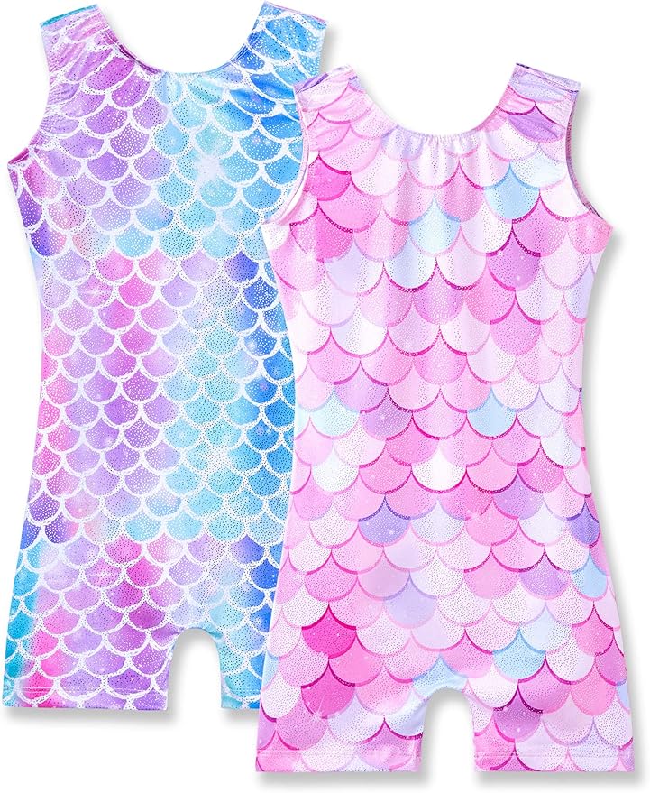 Nymphperi 2 Packs Gymnastics Leotard for Girls Sparkle Biketards with Shorts Kids Sleeveless Unitard One-Piece Dancewear