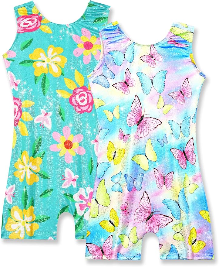Nymphperi 2 Packs Gymnastics Leotard for Girls Sparkle Biketards with Shorts Kids Sleeveless Unitard One-Piece Dancewear