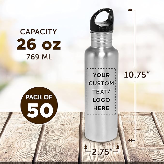 DISCOUNT PROMOS Custom Stainless Steel Water Bottles 26 oz. Set of 50, Personalized Bulk Pack - Reusable, Leak Proof, Perfect for Gym, Hiking, Camping, Outdoor Sports - Silver