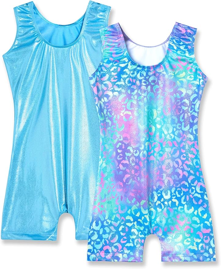 Nymphperi 2 Packs Gymnastics Leotard for Girls Sparkle Biketards with Shorts Kids Sleeveless Unitard One-Piece Dancewear
