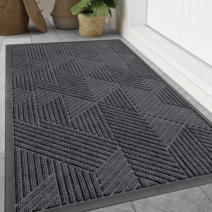 Smiry Front Door Mat Outside Entrance, Heavy Duty Sturdy Natural Rubber Doormat, Trap Dirt and Moisture, Easy Clean Low Profile Mats for Indoor Outdoor Entry, Irregular Triangle (47x32, Medium Grey)