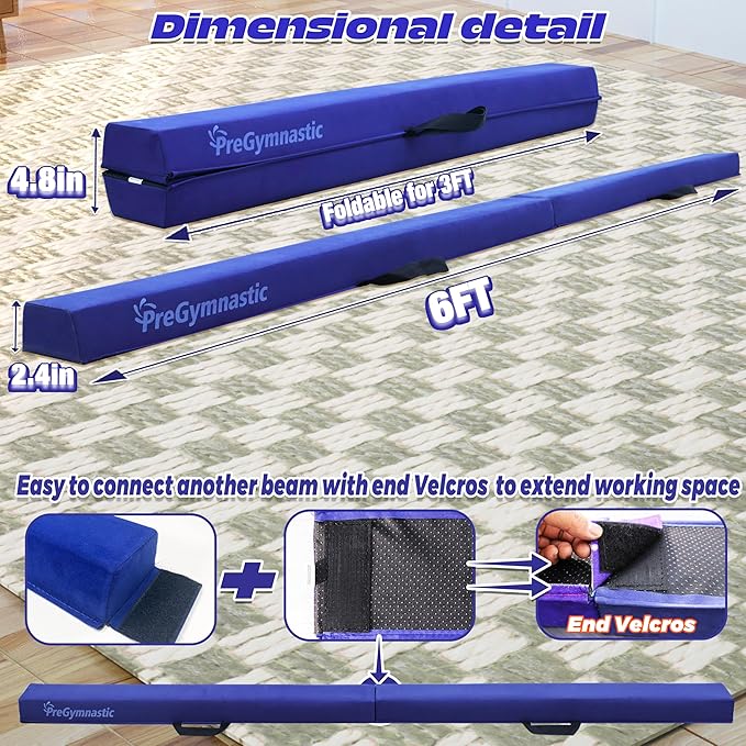 PreGymnastic 6FT/8FT/9.5FT Folding Balance Beam for Kids Ages 3-12, Foldable Gymnastics Floor Beam-Extra Firm Suede Cover with Carrying Bag for Home-Gym Equipment for Toddler Teenager
