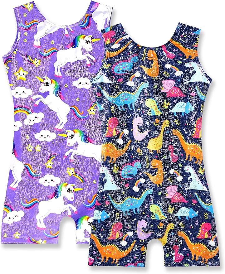 Nymphperi 2 Packs Gymnastics Leotard for Girls Sparkle Biketards with Shorts Kids Sleeveless Unitard One-Piece Dancewear