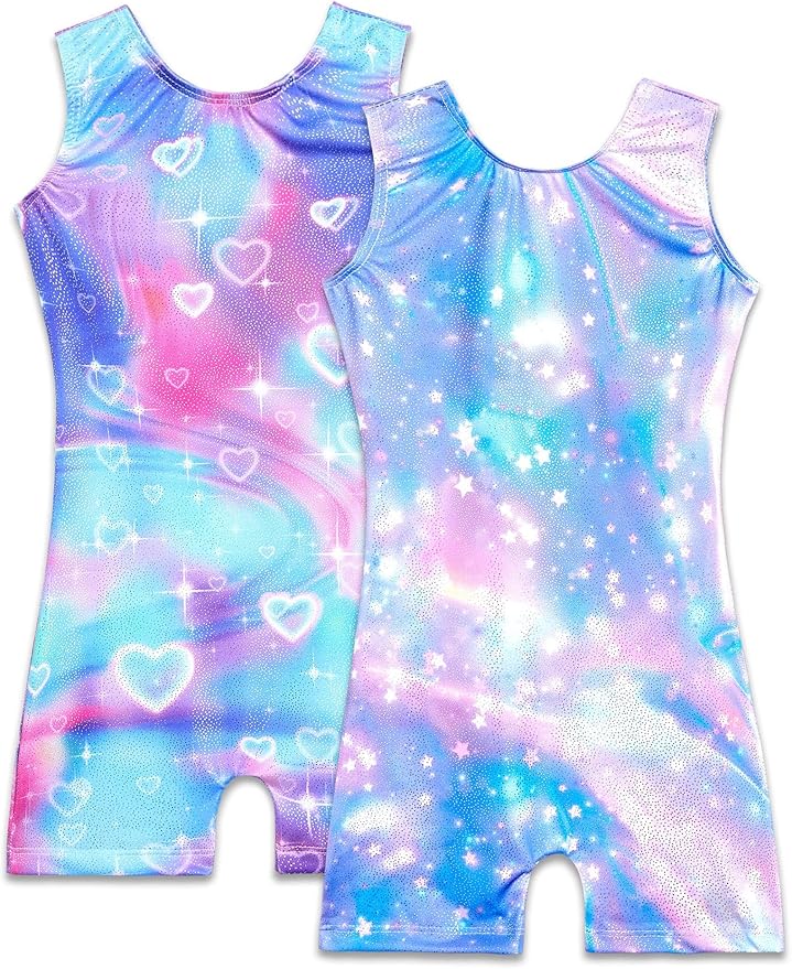 Nymphperi 2 Packs Gymnastics Leotard for Girls Sparkle Biketards with Shorts Kids Sleeveless Unitard One-Piece Dancewear