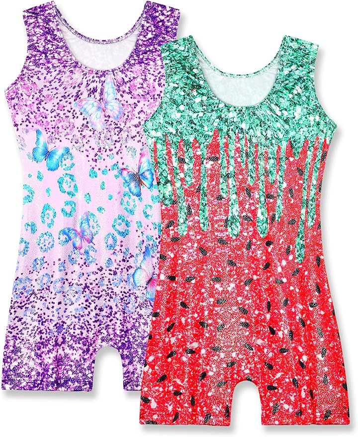 Nymphperi 2 Packs Gymnastics Leotard for Girls Sparkle Biketards with Shorts Kids Sleeveless Unitard One-Piece Dancewear