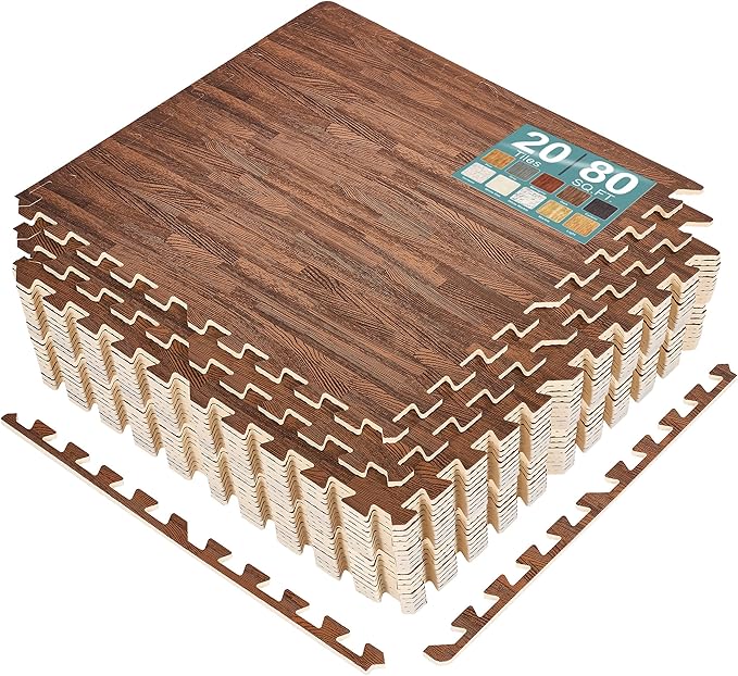 Sorbus 80 Sq. Ft. Wood Grain Floor Tiles Foam Mat EVA Interlocking Mats Tile 3/8-Inch Thick Flooring Wood Puzzle Exercise Mats w/Borders - Home Playroom Basement, Apartment, Trade Show, Baby, Dance