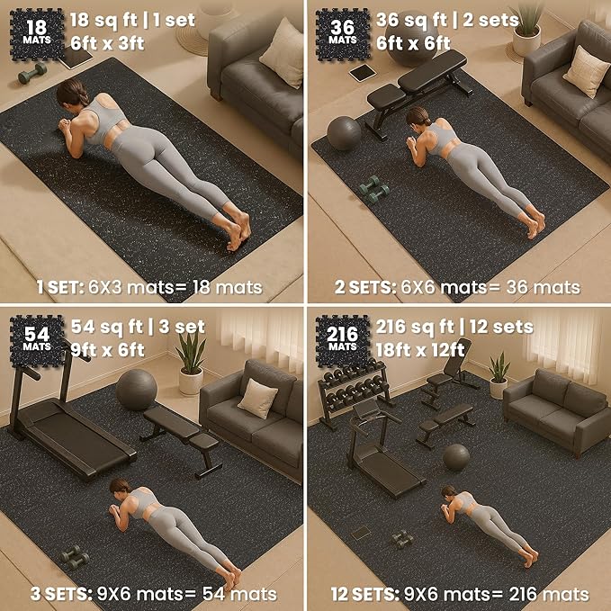 bemaxx Gym Mats Set - 18 pcs Rubber Top + EVA Interlocking Foam Floor Tiles (12.6"x12.6"x0.4") 18sqft Protective Gym Flooring Sports Home Workout Exercise Mat Puzzle Fitness Garage Play Pool Treadmill