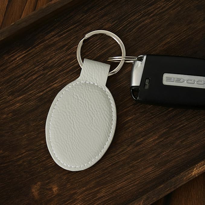 LaserGram Oval Keychain, Quad, Personalized Engraving Included (White with Silver)