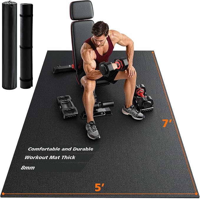 Large Exercise Mat for Home Gym & Garage Flooring- 6'x4' /7'x5'/10'x6' (8mm), Non-Slip, High-Density & Shoe-Friendly | Thick Workout Mats for Yoga, Cardio, Jump Rope, MMA, Weights
