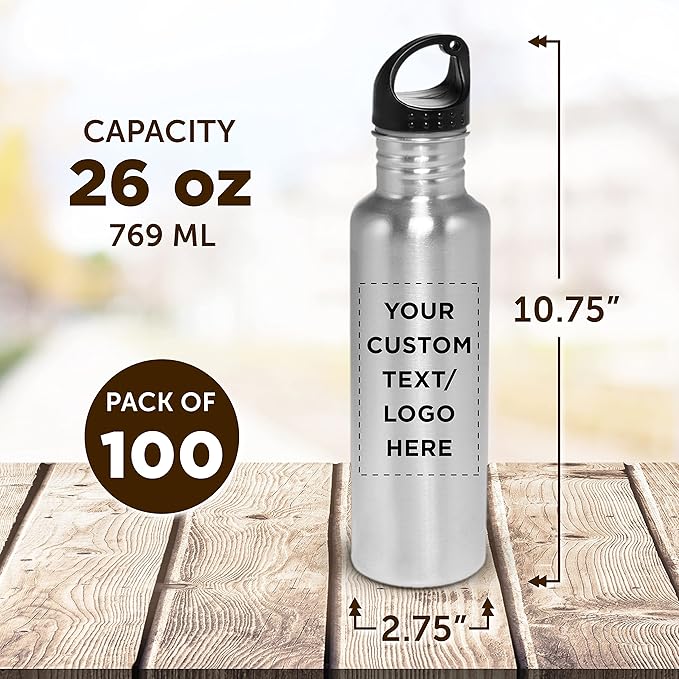 DISCOUNT PROMOS Custom Stainless Steel Water Bottles 26 oz. Set of 100, Personalized Bulk Pack - Reusable, Leak Proof, Perfect for Gym, Hiking, Camping, Outdoor Sports - Silver