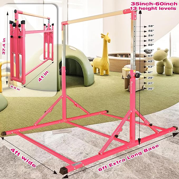 PreGymnastic Foldable Gymnastics Bar, 6FT Horizontal Bars, Folding Training Bar for Kids Ages 3-18, Weight Limit 500 LB, Adjustable kip Bar,Home Gym Equipment Indoor