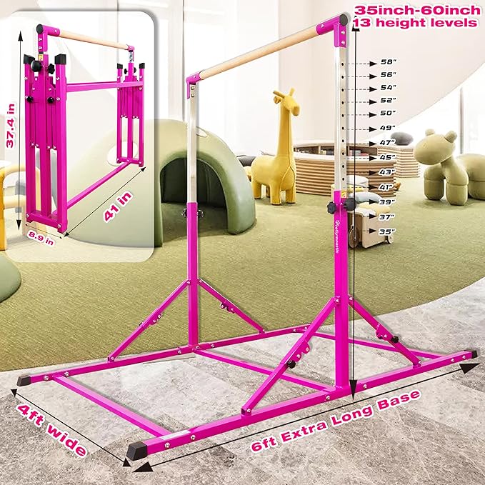 PreGymnastic Foldable Gymnastics Bar, 6FT Horizontal Bars, Folding Training Bar for Kids Ages 3-18, Weight Limit 500 LB, Adjustable kip Bar,Home Gym Equipment Indoor