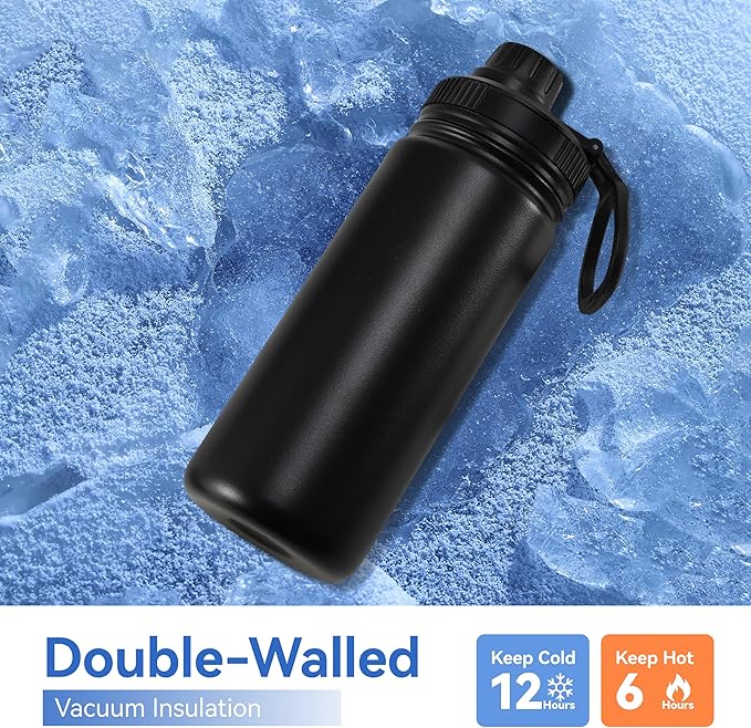 DOMICARE 16 oz Kids Water Bottle for School Stainless Steel Double Wall Vacuum Insulated Water Bottle with Straw lids & Spout Lid, Leakproof BPA Free （Black,1)
